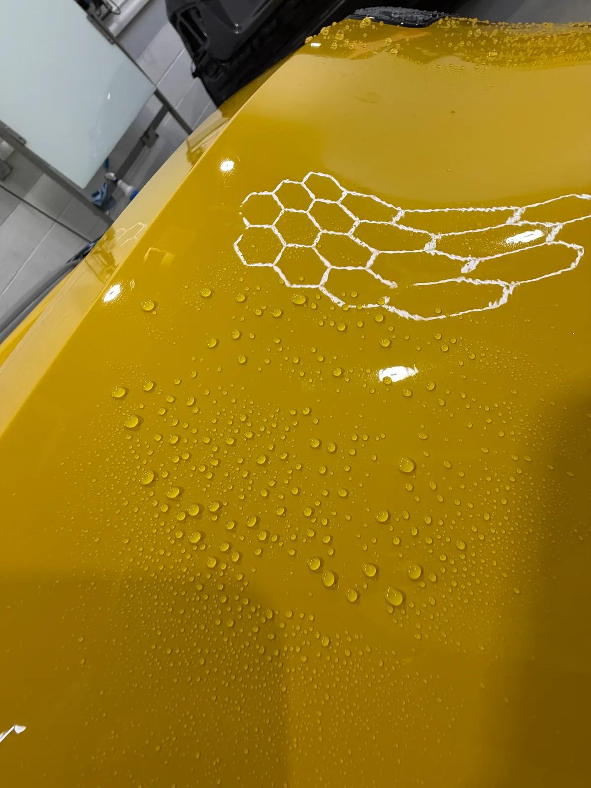 Water beading on a coated yellow Corvette hood — GNelson Detailing